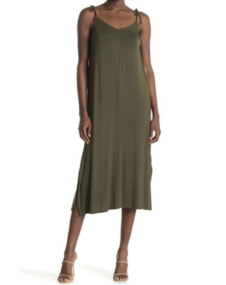 bobeau Dresses & Skirts - NWT Nordstrom Bobeau Tie V Neck Midi Shoulder Dress Olive Green Women's Sz Small